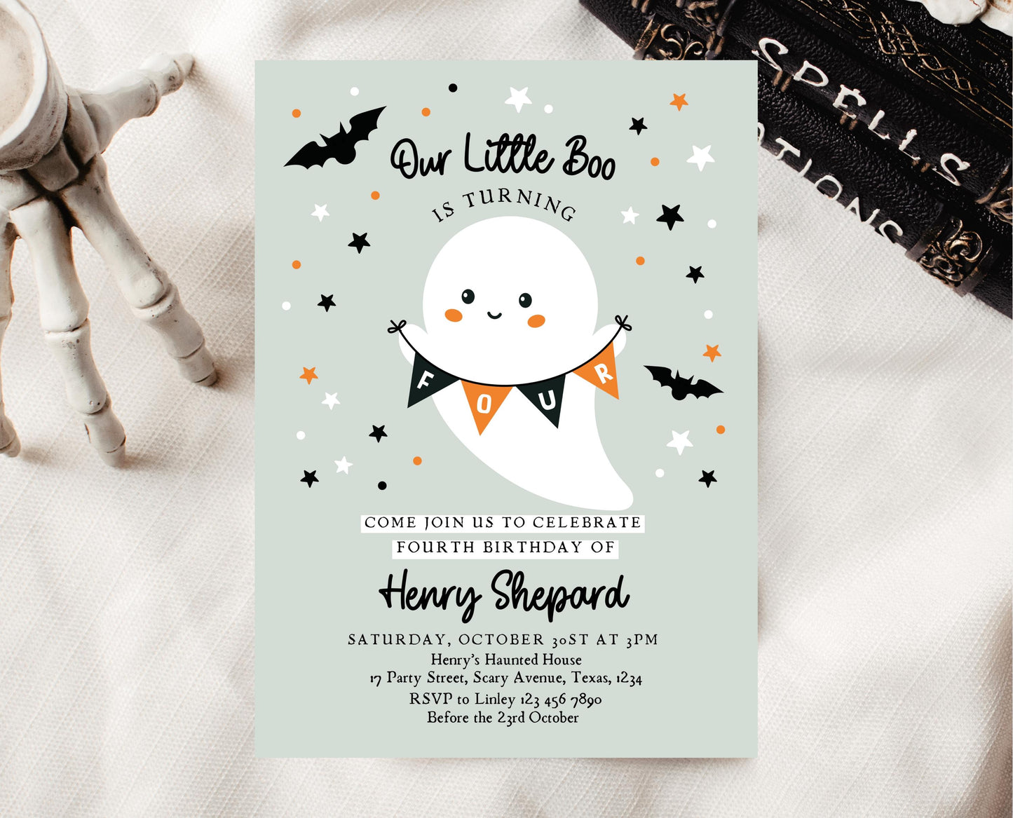 Editable Halloween Fourth Birthday Invitation, Halloween Costume Party Invitation, Spooky Kids Invite, Ghost Halloween Invitation Template