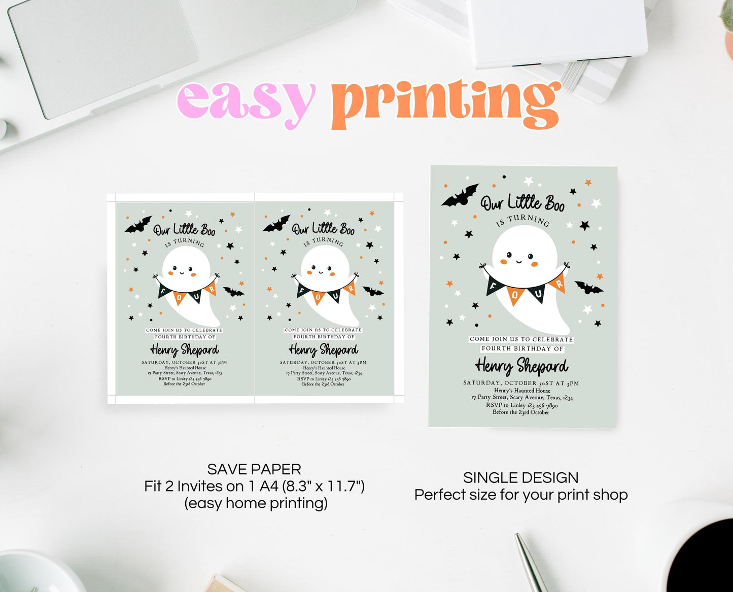 Editable Halloween Fourth Birthday Invitation, Halloween Costume Party Invitation, Spooky Kids Invite, Ghost Halloween Invitation Template