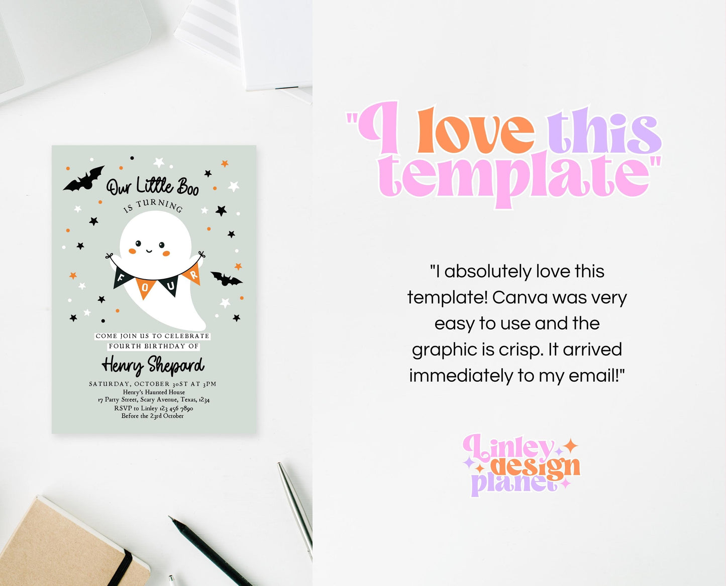 Editable Halloween Fourth Birthday Invitation, Halloween Costume Party Invitation, Spooky Kids Invite, Ghost Halloween Invitation Template