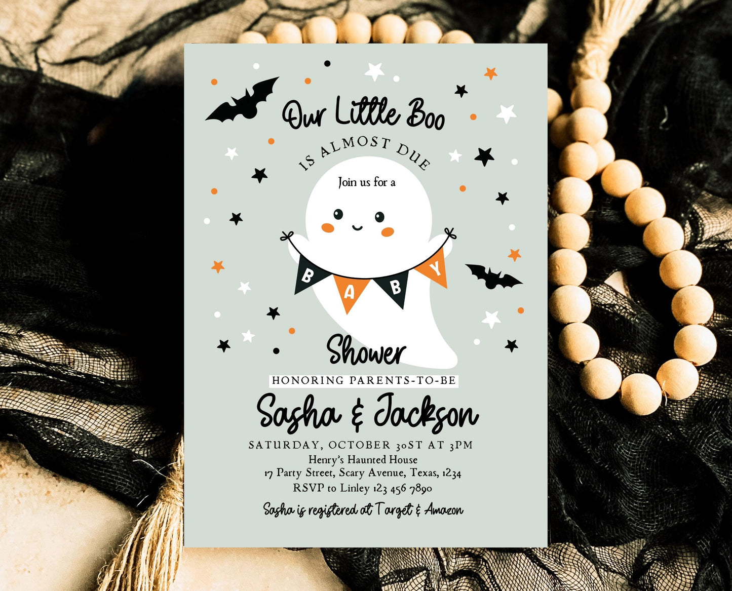 Editable Spooky Halloween Baby Shower Invitation, A Little Boo Is Almost Due Baby Shower Invitation, Halloween Baby Shower Template