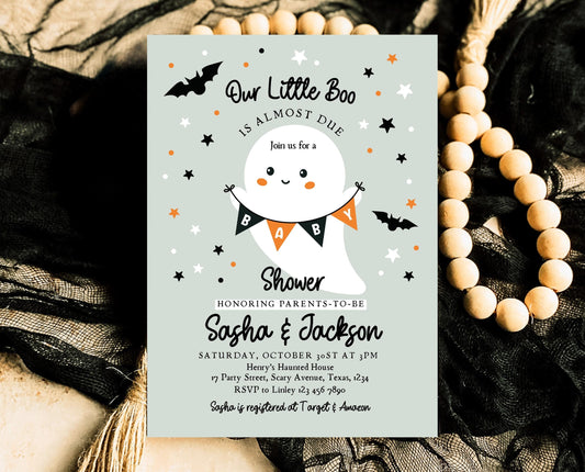 Editable Spooky Halloween Baby Shower Invitation, A Little Boo Is Almost Due Baby Shower Invitation, Halloween Baby Shower Template