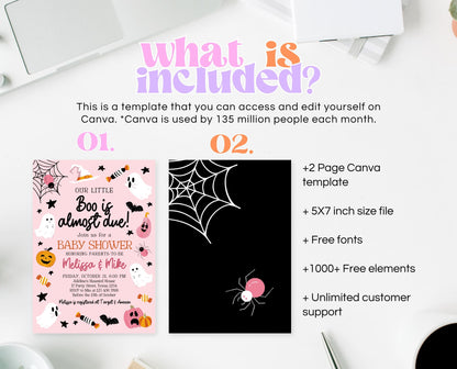 Editable Pink Halloween Baby Shower Invitation, A Little Boo Is Almost Due Baby Shower Invitation, Halloween Baby Shower Template