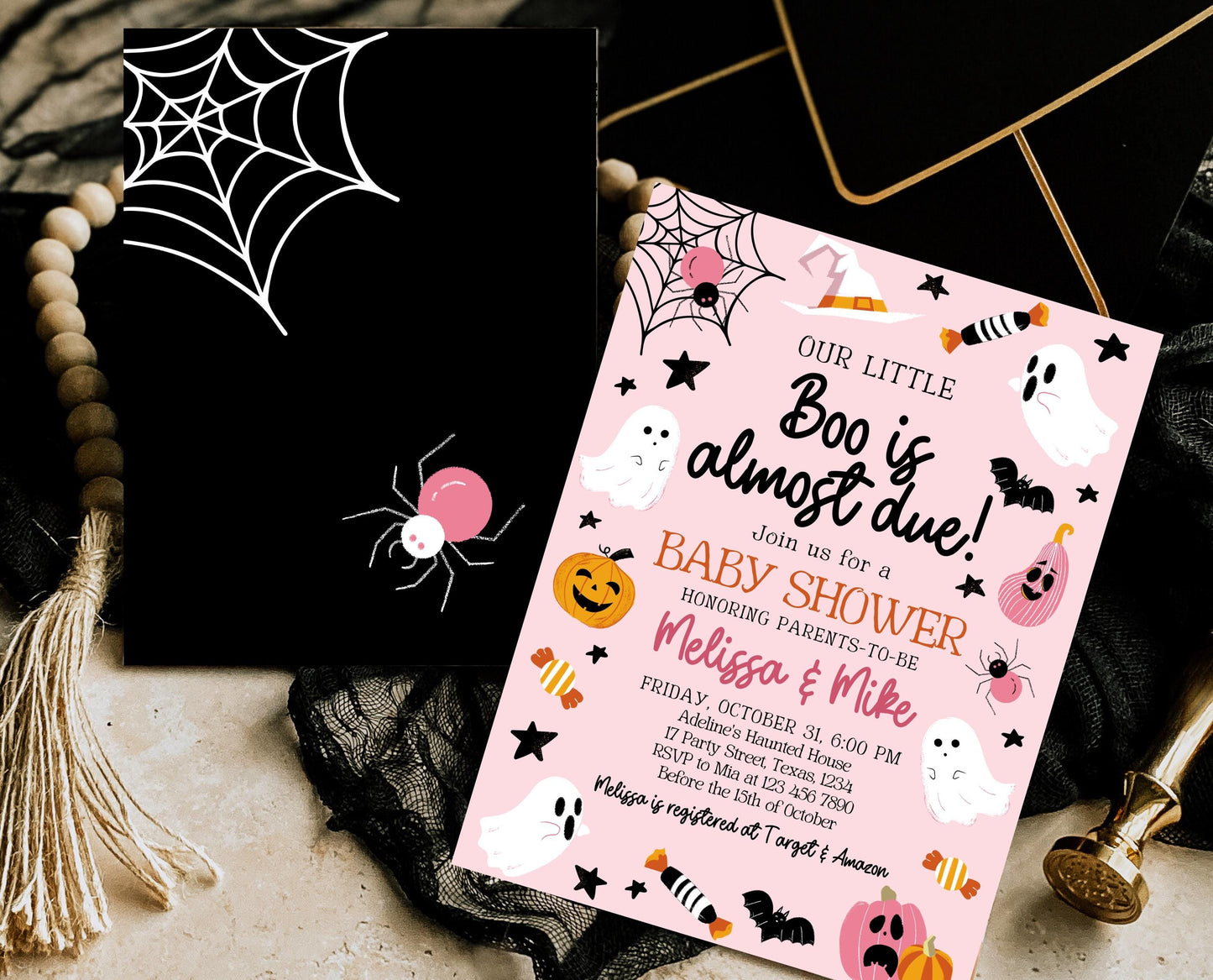 Editable Pink Halloween Baby Shower Invitation, A Little Boo Is Almost Due Baby Shower Invitation, Halloween Baby Shower Template