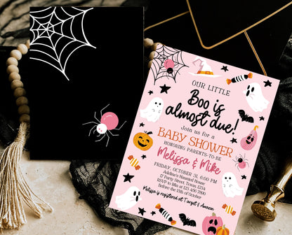 Editable Pink Halloween Baby Shower Invitation, A Little Boo Is Almost Due Baby Shower Invitation, Halloween Baby Shower Template