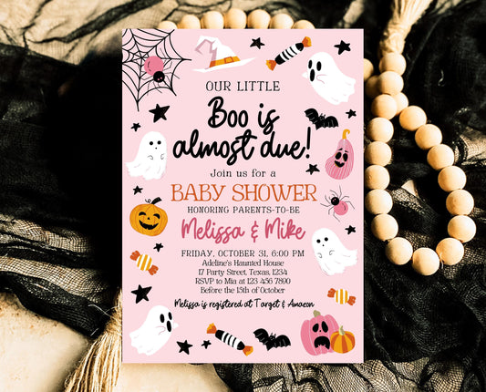 Editable Pink Halloween Baby Shower Invitation, A Little Boo Is Almost Due Baby Shower Invitation, Halloween Baby Shower Template