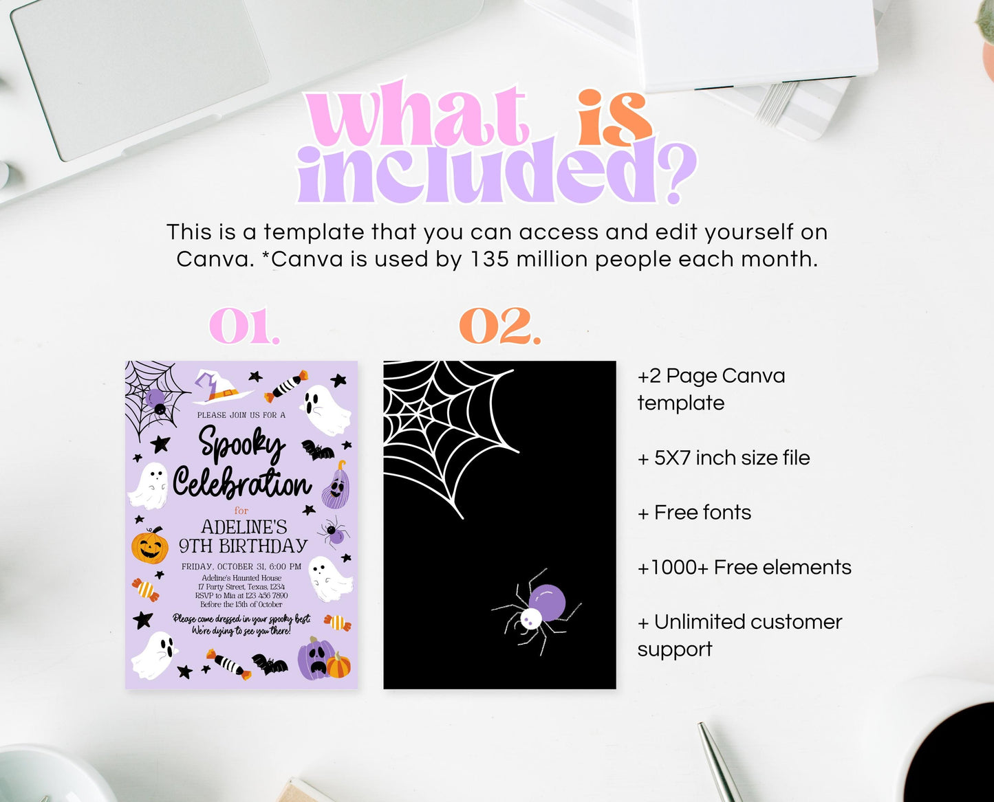 Editable Purple Halloween Birthday Invitation, Halloween Costume Party Invitation, Spooky Kids Invite, Purple Halloween Invitation Template