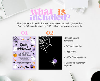 Editable Purple Halloween Birthday Invitation, Halloween Costume Party Invitation, Spooky Kids Invite, Purple Halloween Invitation Template