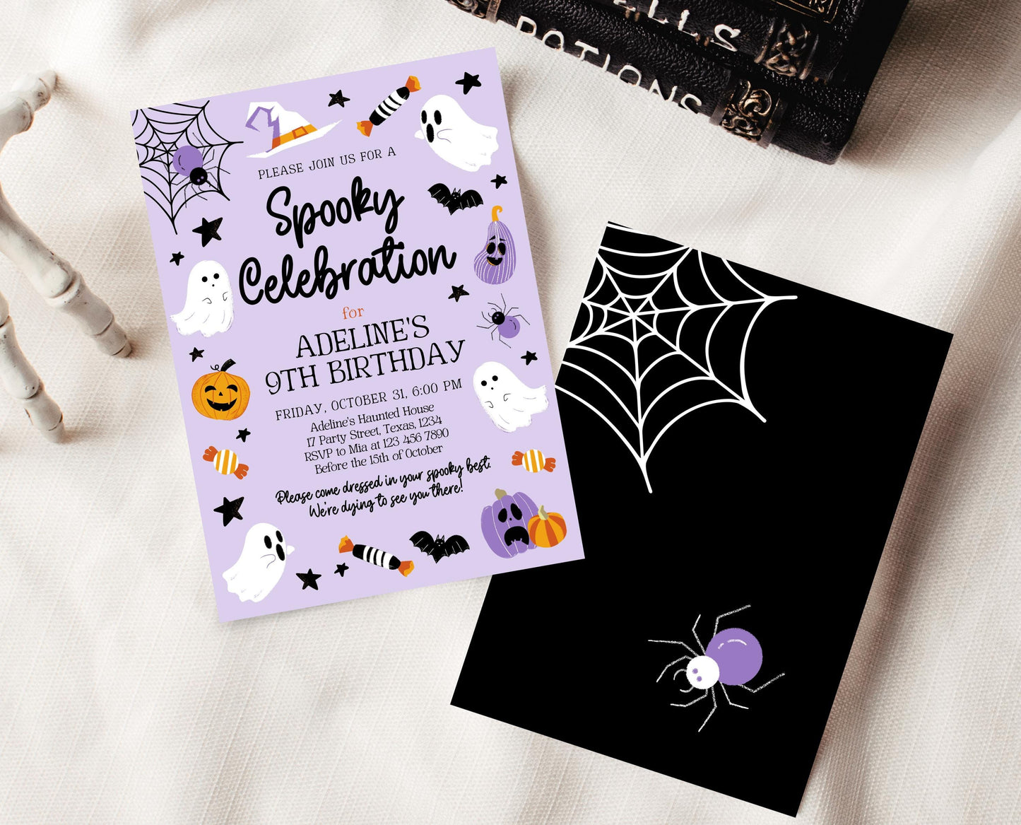 Editable Purple Halloween Birthday Invitation, Halloween Costume Party Invitation, Spooky Kids Invite, Purple Halloween Invitation Template