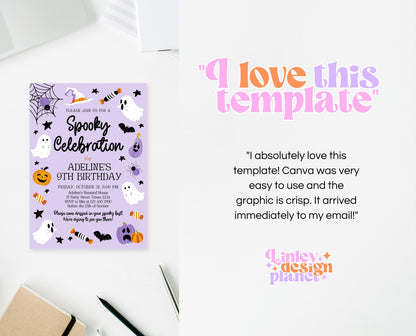 Editable Purple Halloween Birthday Invitation, Halloween Costume Party Invitation, Spooky Kids Invite, Purple Halloween Invitation Template