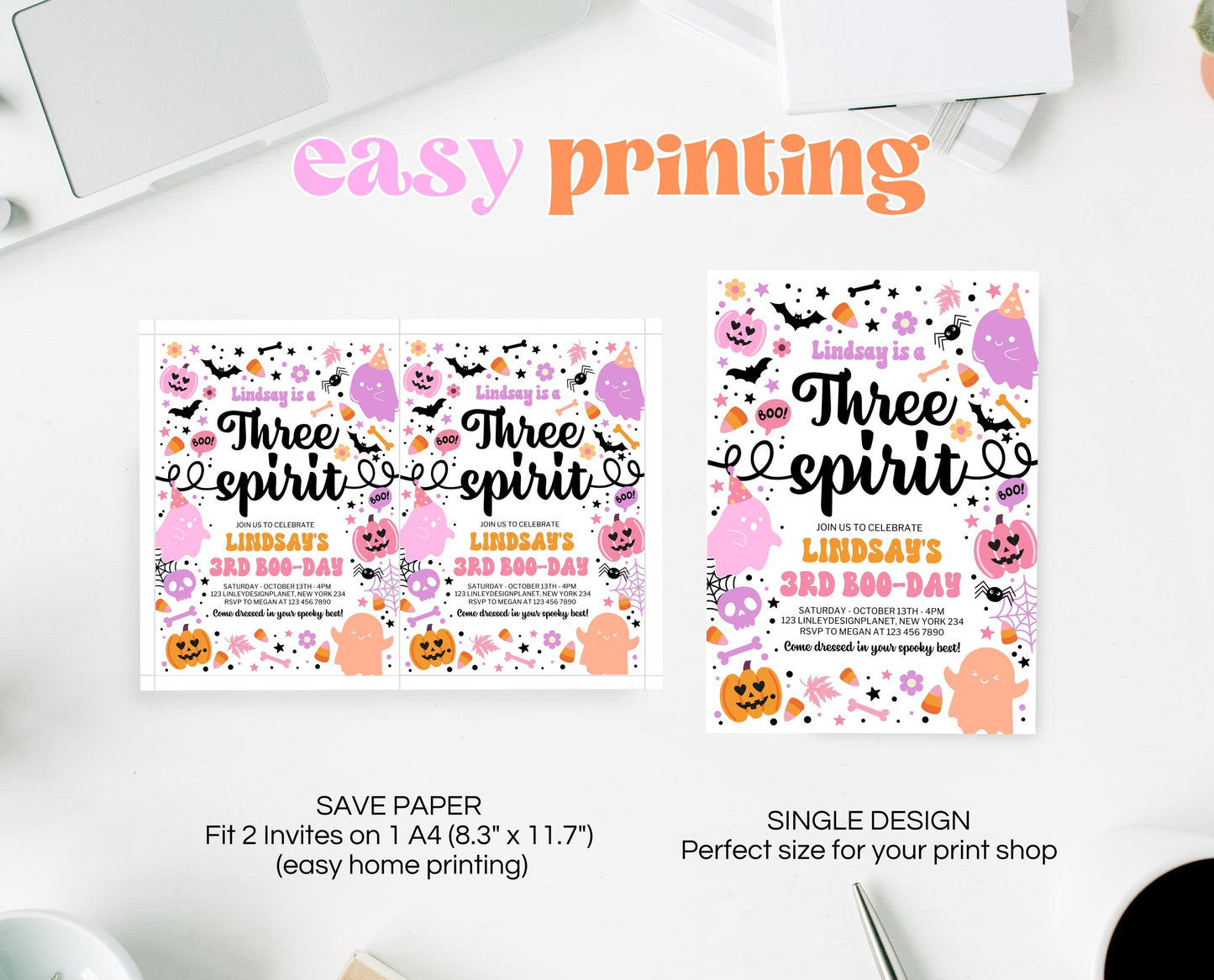 Editable Three Spirit Birthday Invitation, Halloween Third Birthday Invitation, Spooky 3rd Invitation, Halloween Invite Template, PHBP01