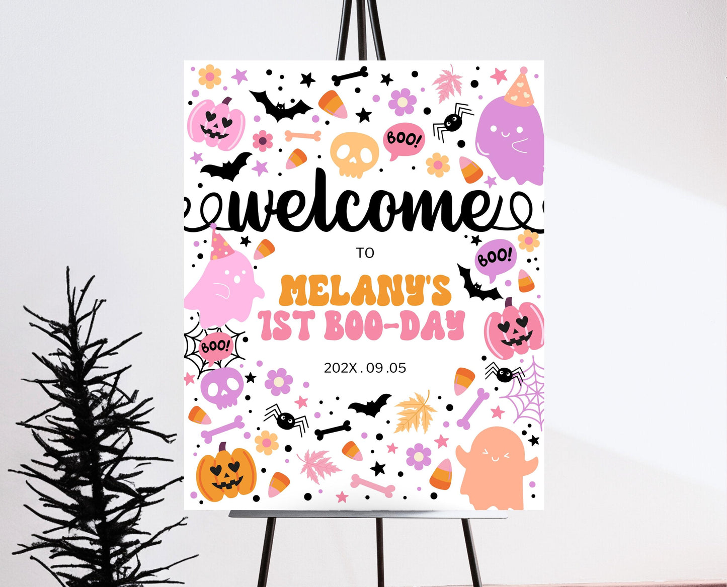 Editable Spooky Birthday Welcome Sign, Halloween Birthday Welcome Poster, Spooky Party Sign, Pink And Purple, Template, Printable, PHBP01