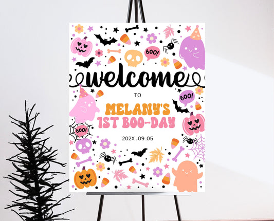 Editable Spooky Birthday Welcome Sign, Halloween Birthday Welcome Poster, Spooky Party Sign, Pink And Purple, Template, Printable, PHBP01