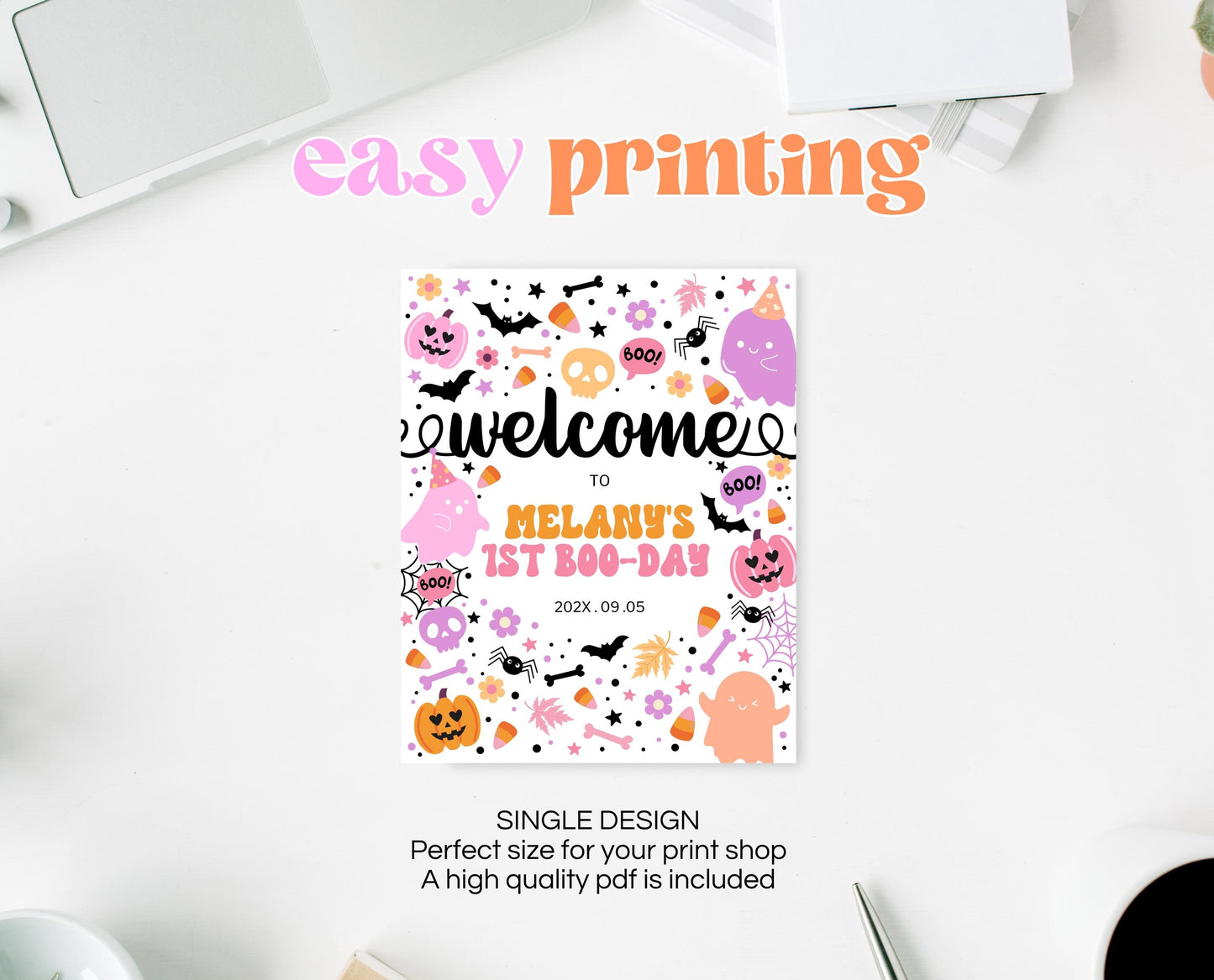 Editable Spooky Birthday Welcome Sign, Halloween Birthday Welcome Poster, Spooky Party Sign, Pink And Purple, Template, Printable, PHBP01