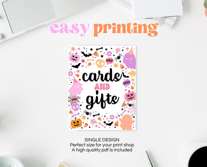 Cards And Gifts Sign Spooky Birthday, Halloween Birthday Decor Sign, Spooky Party Sign, Pink And Purple Halloween Decor, Printable, PHBP01
