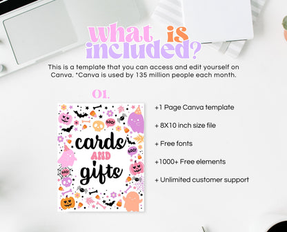 Cards And Gifts Sign Spooky Birthday, Halloween Birthday Decor Sign, Spooky Party Sign, Pink And Purple Halloween Decor, Printable, PHBP01