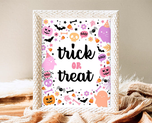Trick Or Treat Sign Spooky Birthday, Halloween Birthday Decor Sign, Spooky Party Sign, Pink And Purple Halloween Decor, Printable, PHBP01