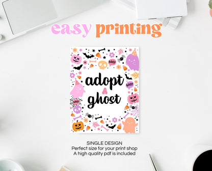 Adopt A Ghost Sign Spooky Birthday, Halloween Birthday Decor Sign, Spooky Party Sign, Pink And Purple Halloween Decor, Printable, PHBP01