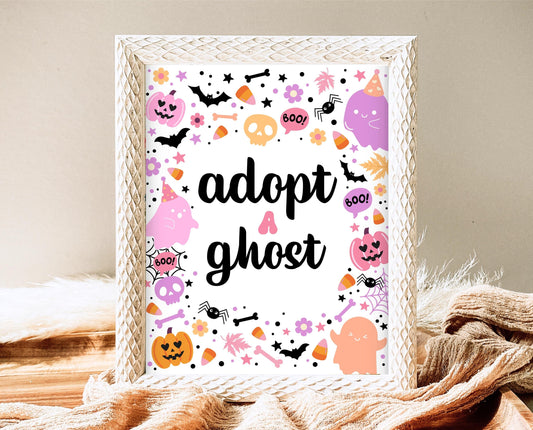 Adopt A Ghost Sign Spooky Birthday, Halloween Birthday Decor Sign, Spooky Party Sign, Pink And Purple Halloween Decor, Printable, PHBP01