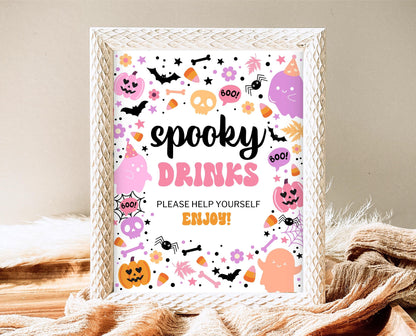 Spooky Drinks Sign Spooky Birthday, Halloween Birthday Decor Sign, Spooky Party Sign, Pink And Purple Halloween Decor, Printable, PHBP01