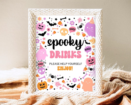 Spooky Drinks Sign Spooky Birthday, Halloween Birthday Decor Sign, Spooky Party Sign, Pink And Purple Halloween Decor, Printable, PHBP01