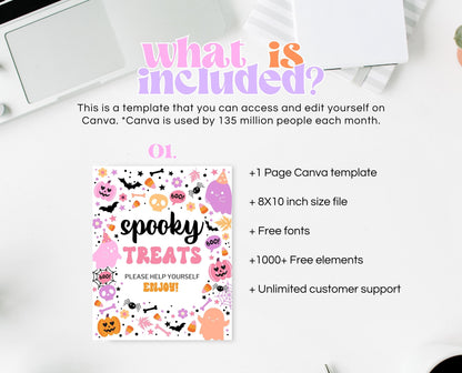 Spooky Treats Sign Spooky Birthday, Halloween Birthday Decor Sign, Spooky Party Sign, Pink And Purple Halloween Decor, Printable, PHBP01