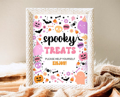 Spooky Treats Sign Spooky Birthday, Halloween Birthday Decor Sign, Spooky Party Sign, Pink And Purple Halloween Decor, Printable, PHBP01