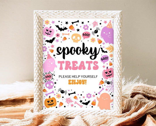 Spooky Treats Sign Spooky Birthday, Halloween Birthday Decor Sign, Spooky Party Sign, Pink And Purple Halloween Decor, Printable, PHBP01