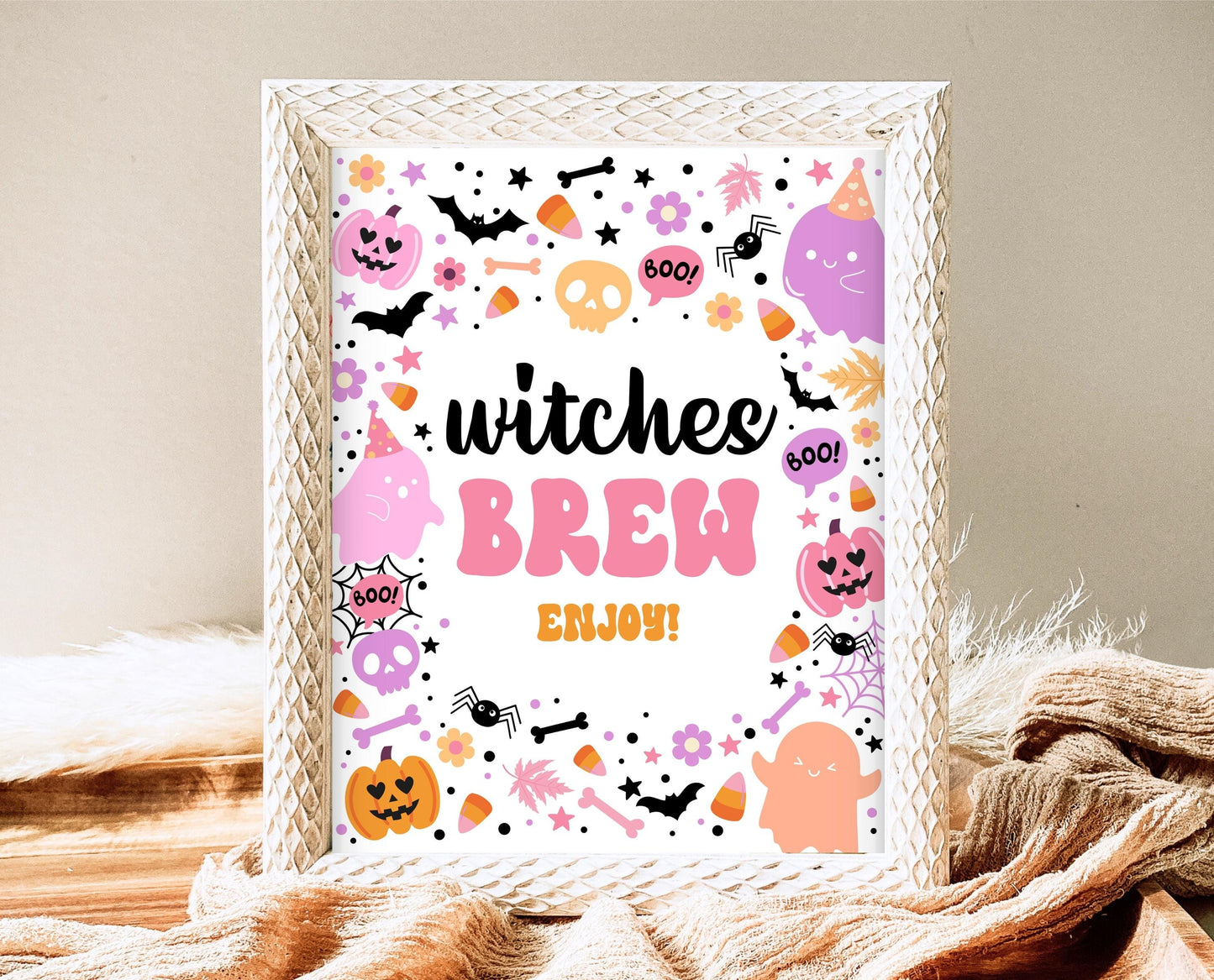 Witches Brew Sign Spooky Birthday, Halloween Birthday Decor Sign, Spooky Party Sign, Pink And Purple Halloween Decor, Printable, PHBP01