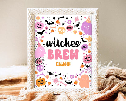 Witches Brew Sign Spooky Birthday, Halloween Birthday Decor Sign, Spooky Party Sign, Pink And Purple Halloween Decor, Printable, PHBP01