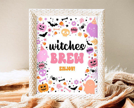 Witches Brew Sign Spooky Birthday, Halloween Birthday Decor Sign, Spooky Party Sign, Pink And Purple Halloween Decor, Printable, PHBP01