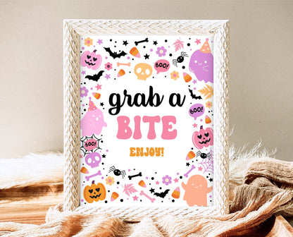 Grab A Bite Sign Spooky Birthday, Halloween Birthday Food Sign, Spooky Party Sign, Pink And Purple Halloween Decor, Printable, PHBP01