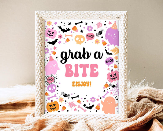 Grab A Bite Sign Spooky Birthday, Halloween Birthday Food Sign, Spooky Party Sign, Pink And Purple Halloween Decor, Printable, PHBP01