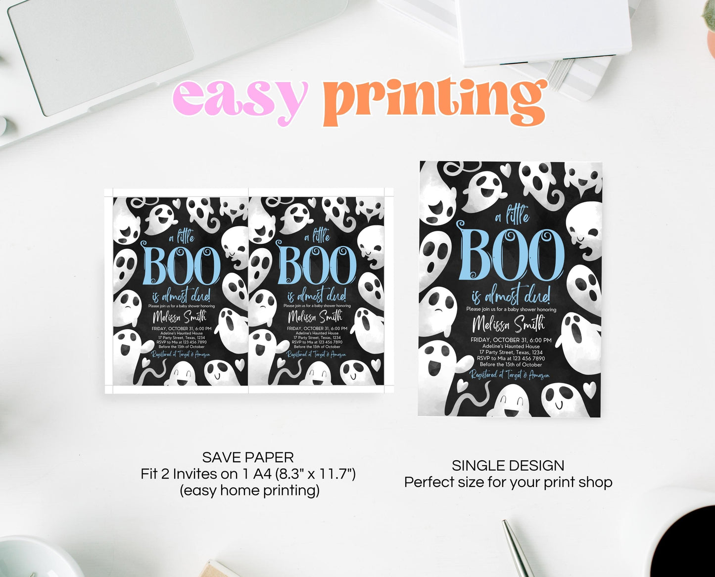 Editable Halloween Baby Shower Invitation, Blue Boy Halloween Baby Shower Invitation Template, Ghosts Little Boo Baby Shower Invite, HBSC03