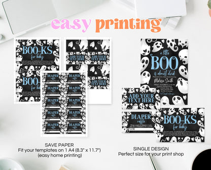 Editable Halloween Baby Shower Invitation Bundle, Blue Boy Halloween Baby Shower Invitation Set, Ghost Little Boo Baby Shower Invite, HBSC03