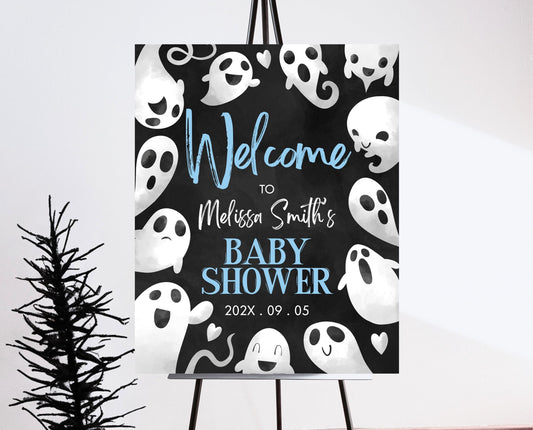 Editable Halloween Baby Shower Welcome Sign, Blue Boy Halloween Baby Shower Welcome Poster, Ghosts Little Boo Baby Shower Sign, HBSC03
