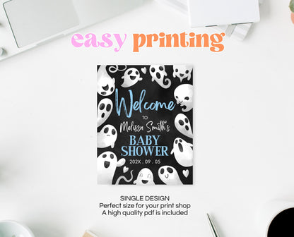 Editable Halloween Baby Shower Welcome Sign, Blue Boy Halloween Baby Shower Welcome Poster, Ghosts Little Boo Baby Shower Sign, HBSC03