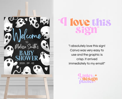 Editable Halloween Baby Shower Welcome Sign, Blue Boy Halloween Baby Shower Welcome Poster, Ghosts Little Boo Baby Shower Sign, HBSC03