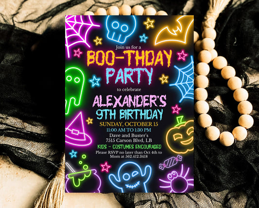 Editable Neon Halloween Birthday Invitation, Halloween Neon Invite, Printable Neon Halloween Party Invite, Neon Halloween Invite, NHBP01