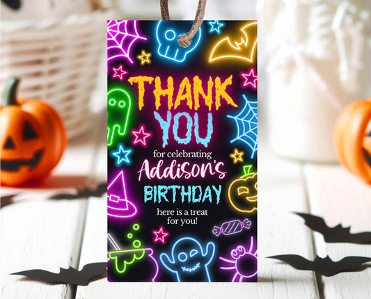 Editable Neon Halloween Favor Tag Template, Spooky Halloween Party Favors, Printable Neon Halloween Birthday Thank You Tags, NHBP01