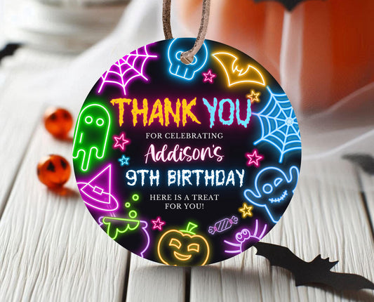 Editable Neon Halloween Favor Tag Template, Spooky Halloween Party Thank You Tag, Printable Neon Halloween Birthday, Neon Halloween, NHBP01