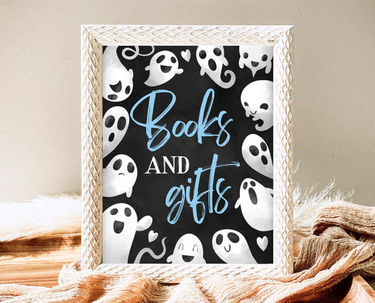 Books And Gifts Sign Halloween Baby Shower, Halloween Baby Shower Sign, Printable Halloween Sign, Blue Boy Halloween Baby Shower, HBSC03