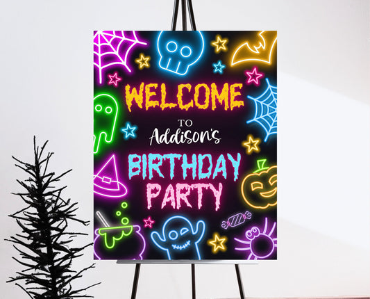 Neon Halloween Party Welcome Sign Template, Spooky Halloween Party Signs, Printable Neon Halloween Birthday Decor, Neon Halloween, NHBP01