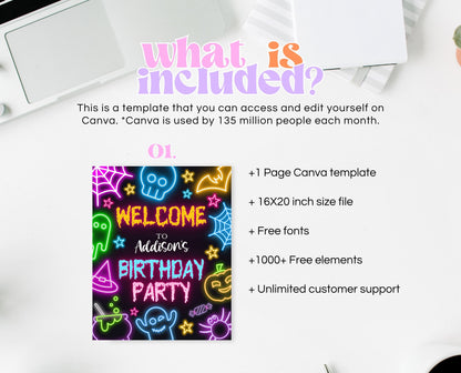 Neon Halloween Party Welcome Sign Template, Spooky Halloween Party Signs, Printable Neon Halloween Birthday Decor, Neon Halloween, NHBP01