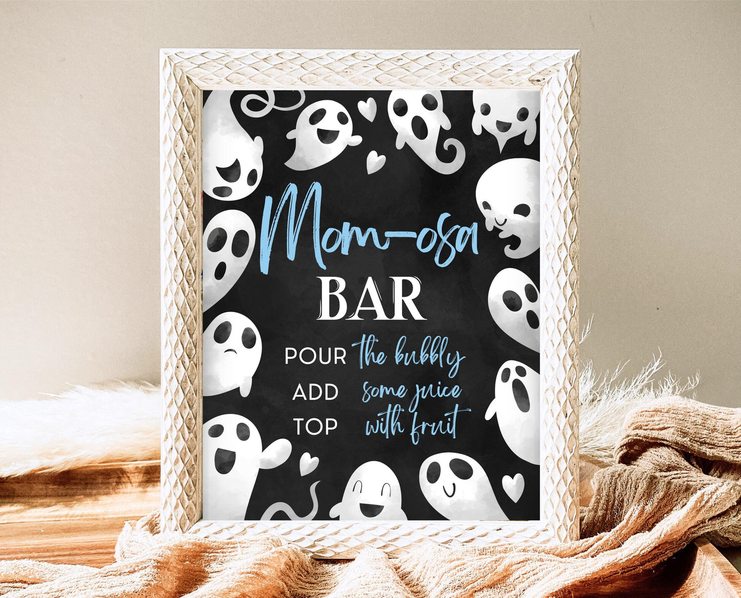 Mom-osa Sign Halloween Baby Shower, Halloween Baby Shower Mimosa Sign, Printable Halloween Sign, Blue Boy Baby Shower Sign Halloween, HBSC03