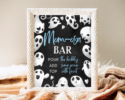 Mom-osa Sign Halloween Baby Shower, Halloween Baby Shower Mimosa Sign, Printable Halloween Sign, Blue Boy Baby Shower Sign Halloween, HBSC03