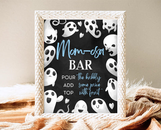 Mom-osa Sign Halloween Baby Shower, Halloween Baby Shower Mimosa Sign, Printable Halloween Sign, Blue Boy Baby Shower Sign Halloween, HBSC03