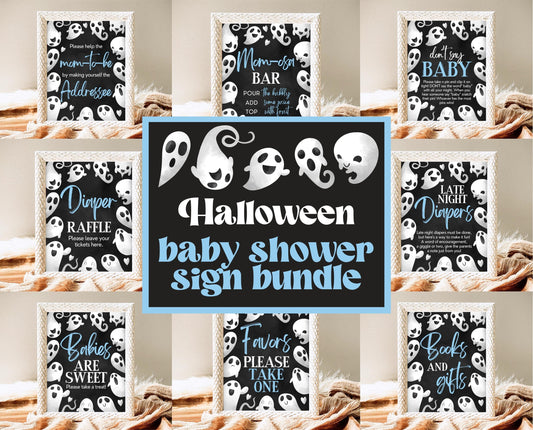 Editable Blue Ghost Halloween Baby Shower Sign Bundle, Boy Halloween Baby Shower Sign Set, Printable Halloween Sign, Halloween, HBSC03