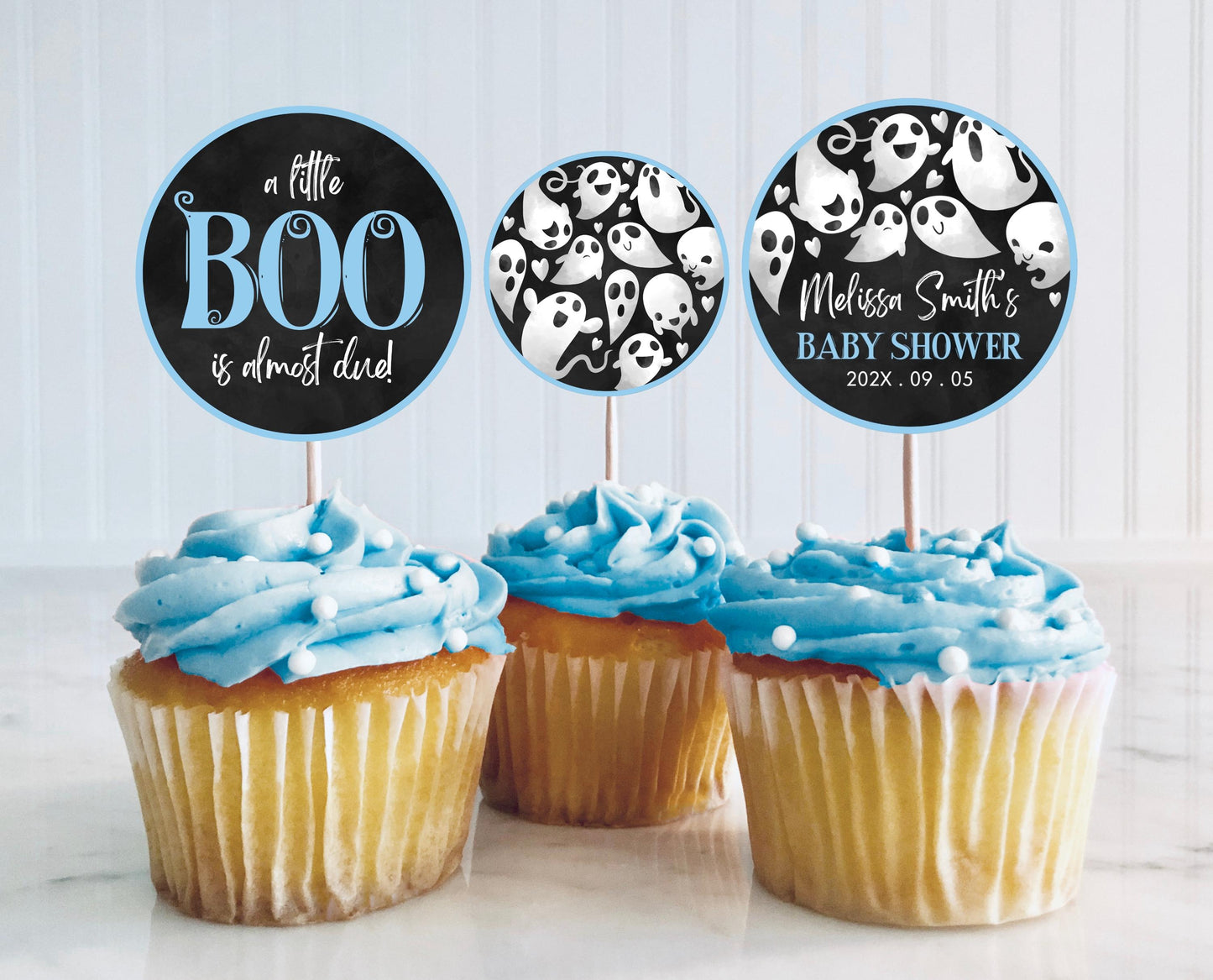 Editable Halloween Baby Shower Cupcake Toppers, Boy Blue Halloween Baby Shower Cake Toppers, A Little Boo Is Almost Due Baby Shower, HBSC03