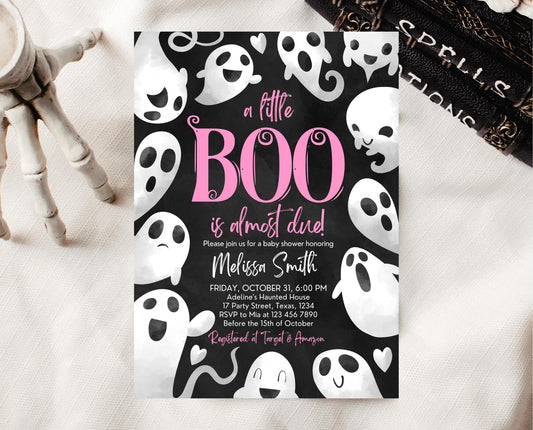 Editable Halloween Baby Shower Invitation, Girl Pink Halloween Baby Shower Invitation Template, Ghosts Little Boo Baby Shower Invite, HBSC04