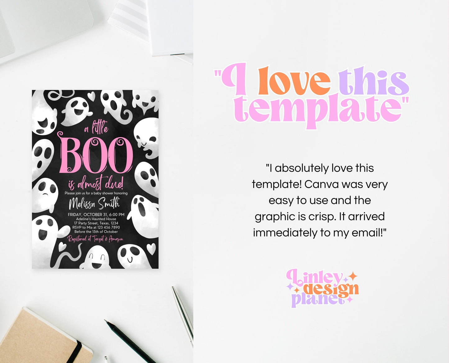 Editable Halloween Baby Shower Invitation, Girl Pink Halloween Baby Shower Invitation Template, Ghosts Little Boo Baby Shower Invite, HBSC04
